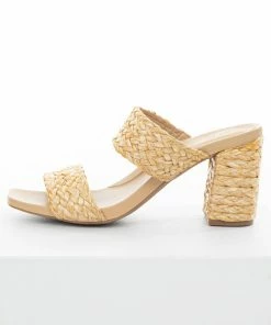 MIA Beige Braided Straw Block Heel Double Strap Mules Shoes