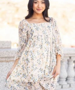 Sweet Lemon Beige Floral Metallic Print Babydoll Dress