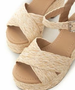 FORTUNE DYNAMIC Beige Open Toed Braided Raffia Platform Heels Shoes