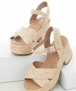 FORTUNE DYNAMIC Beige Open Toed Braided Raffia Platform Heels Shoes