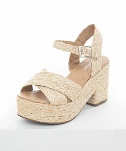 FORTUNE DYNAMIC Beige Open Toed Braided Raffia Platform Heels Shoes