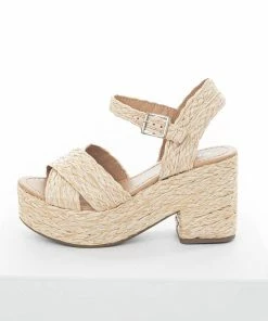 FORTUNE DYNAMIC Beige Open Toed Braided Raffia Platform Heels Shoes