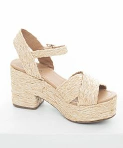 FORTUNE DYNAMIC Beige Open Toed Braided Raffia Platform Heels Shoes