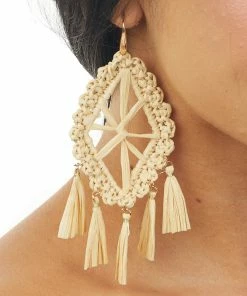 Fame Accessories Beige Rattan Weave Dangle Earrings With Tassels