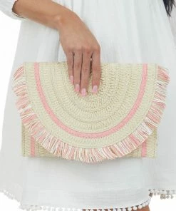 Avenue Zoe Beige Straw Convertible Clutch Purse With Fringe Accessories
