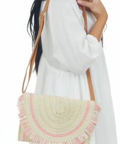Avenue Zoe Beige Straw Convertible Clutch Purse With Fringe Accessories