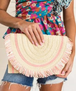 Avenue Zoe Beige Straw Convertible Clutch Purse With Fringe Accessories