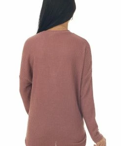 La Miel T-Shirts & Knit Tops Berry Button Up Long Sleeve Waffle Knit Top