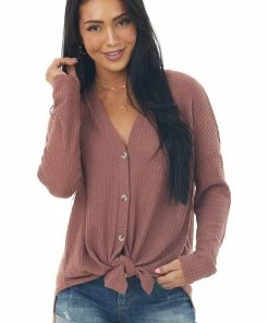 La Miel T-Shirts & Knit Tops Berry Button Up Long Sleeve Waffle Knit Top