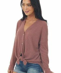 La Miel T-Shirts & Knit Tops Berry Button Up Long Sleeve Waffle Knit Top