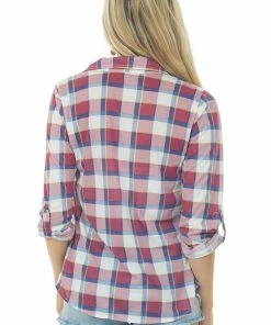 Fashion Cargo Blouses Berry And Cobalt Plaid Top With Chest Pocket
