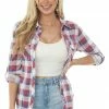 Fashion Cargo Blouses Berry And Cobalt Plaid Top With Chest Pocket