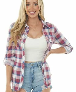 Fashion Cargo Blouses Berry And Cobalt Plaid Top With Chest Pocket