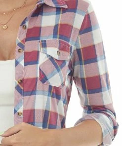 Fashion Cargo Blouses Berry And Cobalt Plaid Top With Chest Pocket