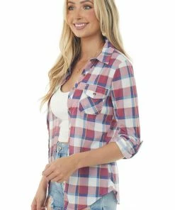 Fashion Cargo Blouses Berry And Cobalt Plaid Top With Chest Pocket
