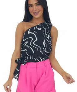 Lush Clothing Black Abstract Print Overlay One Shoulder Blouse 12 Lush Clothing Black Abstract Print Overlay One Shoulder Blouse