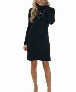 Heart & Hips Dresses Black Brushed Knit Turtleneck Dress With Long Sleeves