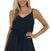 She + Sky Dresses Black Cami Ruffle Romper With Smocked Waist Tie