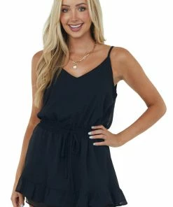 She + Sky Dresses Black Cami Ruffle Romper With Smocked Waist Tie