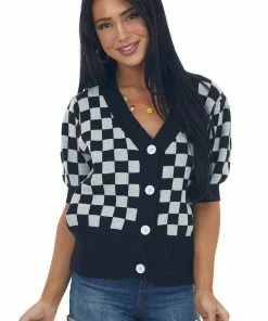 Listicle Tops Black Checkered Puff Sleeve Cardigan