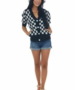 Listicle Tops Black Checkered Puff Sleeve Cardigan