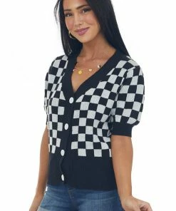 Listicle Tops Black Checkered Puff Sleeve Cardigan