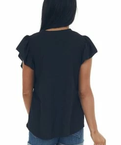 Ces Femme Black Crepe Knit Flutter Sleeve Top With Pocket Tops