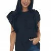 Ces Femme Black Crepe Knit Flutter Sleeve Top With Pocket Tops