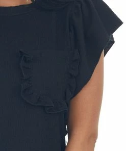 Ces Femme Black Crepe Knit Flutter Sleeve Top With Pocket Tops