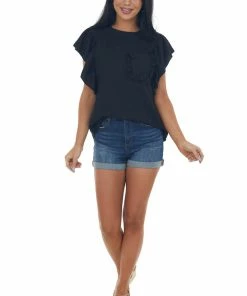 Ces Femme Black Crepe Knit Flutter Sleeve Top With Pocket Tops