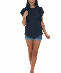 Ces Femme Black Crepe Knit Flutter Sleeve Top With Pocket Tops