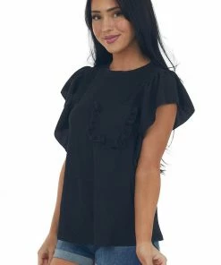 Ces Femme Black Crepe Knit Flutter Sleeve Top With Pocket Tops