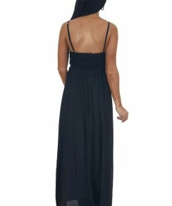 Cozy Co. Dresses Black Crochet Bodice V Neck Woven Maxi Dress