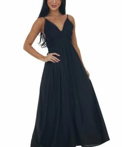 Cozy Co. Dresses Black Crochet Bodice V Neck Woven Maxi Dress
