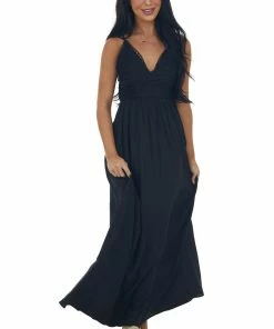Cozy Co. Dresses Black Crochet Bodice V Neck Woven Maxi Dress