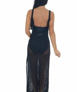 Ces Femme Dresses Black Crochet Maxi Dress With Deep Side Slits