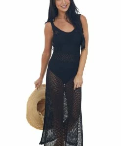 Ces Femme Dresses Black Crochet Maxi Dress With Deep Side Slits