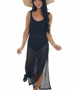 Ces Femme Dresses Black Crochet Maxi Dress With Deep Side Slits