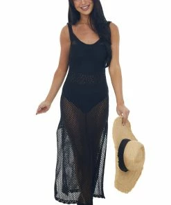 Ces Femme Dresses Black Crochet Maxi Dress With Deep Side Slits
