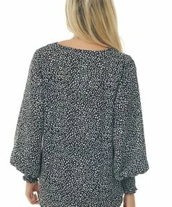 Vine & Love Tops Black Dalmatian Surplice Bubble Hem Blouse