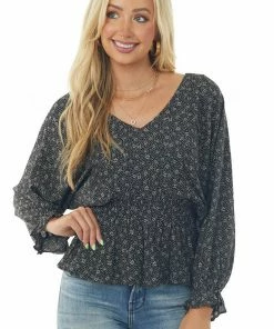 Peach Love Black Ditsy Floral Dolman Sleeve Peplum Blouse