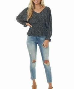 Peach Love Black Ditsy Floral Dolman Sleeve Peplum Blouse