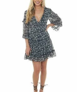 She + Sky Dresses Black Ditsy Floral Tiered Short Dress With Open Back Detail