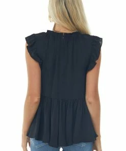 Glam Tops Black Drop Waist Ruffle Sleeve Silky Blouse