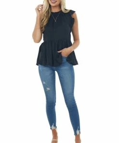 Glam Tops Black Drop Waist Ruffle Sleeve Silky Blouse