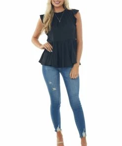 Glam Tops Black Drop Waist Ruffle Sleeve Silky Blouse