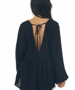 Umgee Black Drop Waist Top With Tied Back And Bubble Sleeves Tops 12 Umgee Black Drop Waist Top With Tied Back And Bubble Sleeves Tops