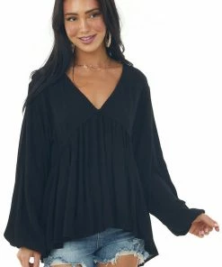 Umgee Black Drop Waist Top With Tied Back And Bubble Sleeves Tops
