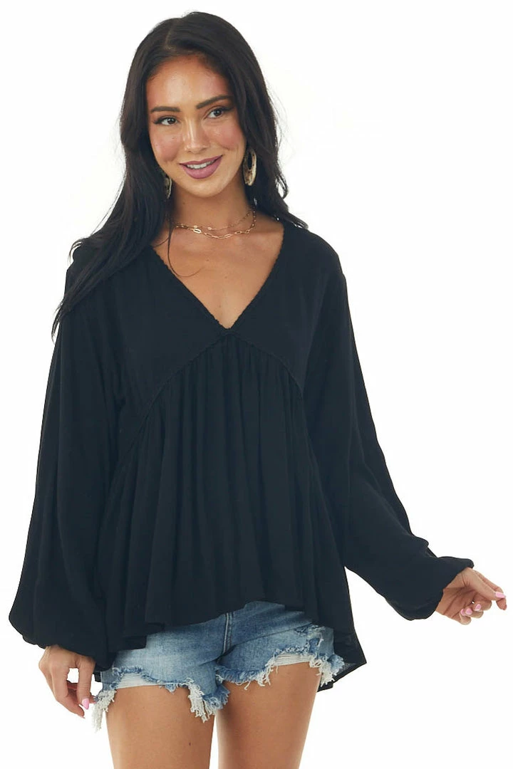 Umgee Black Drop Waist Top With Tied Back And Bubble Sleeves Tops 3 Umgee Black Drop Waist Top With Tied Back And Bubble Sleeves Tops