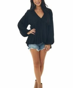 Umgee Black Drop Waist Top With Tied Back And Bubble Sleeves Tops 10 Umgee Black Drop Waist Top With Tied Back And Bubble Sleeves Tops